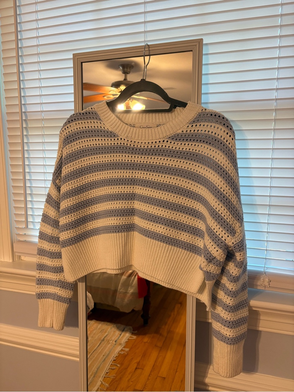 T.J.Maxx Cream & Light Blue Striped Cropped Sweater
